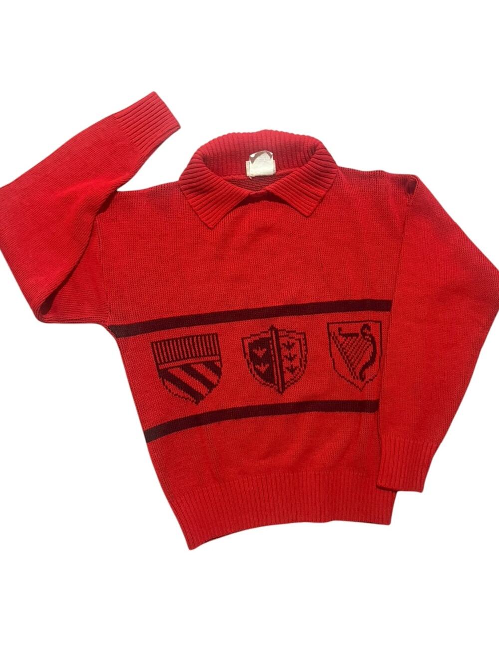 Vintage 80s Red Sweater Crest Novelty Knit Collared Pullover Preppy Academia S